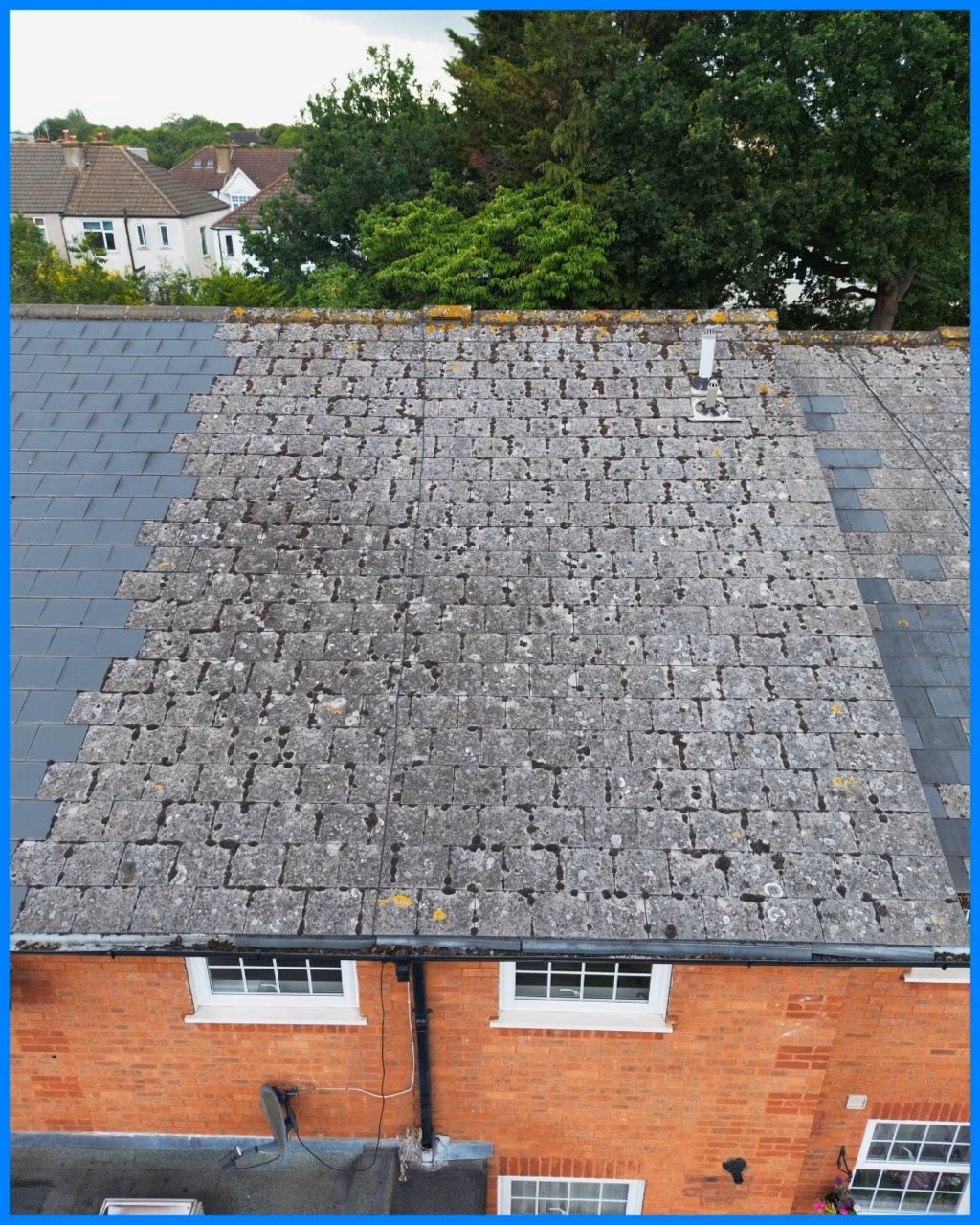 Artificial slate before restoration - cleaning, biocide and colour anthracite protective coating
